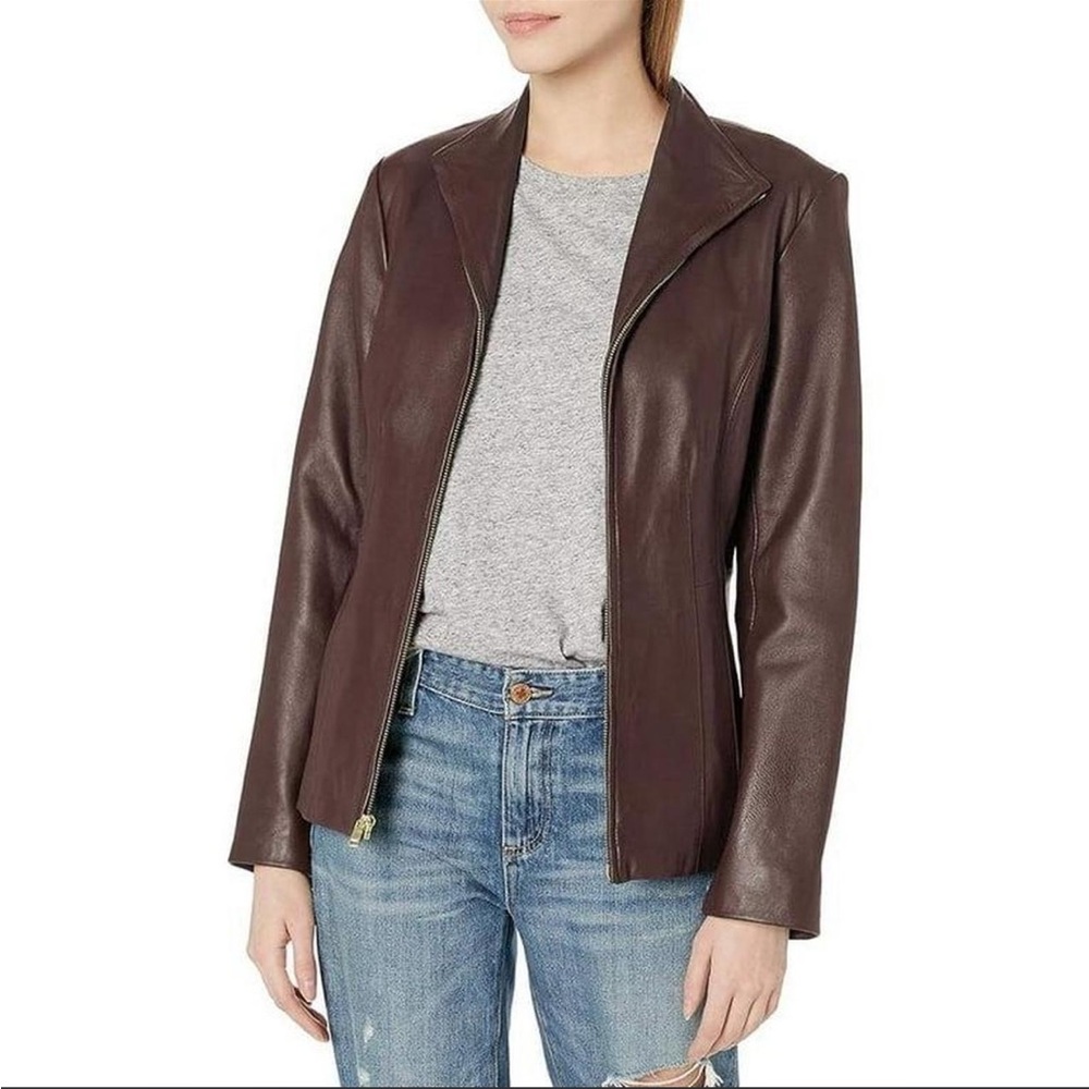 Vintage Tiboa Leathers Brown Zip Leather Jacket Wing Collar Cole Haan Inspo XL